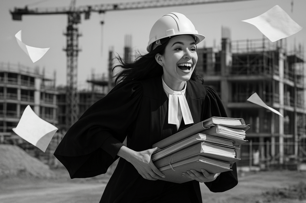 image d'une avocate tenant des dossiers à la main, portant un casque de chantier, courant, heureuse