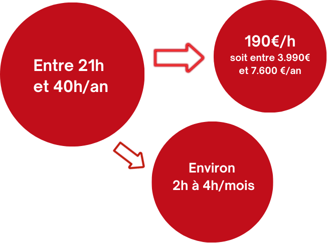 Ronds colorés contenant les textes entre 21 et 40h/an, 190€/h soit entre 3.990€ et 7.600€/an et environ 2h à 4h par mois