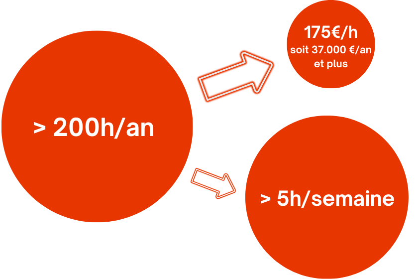 Ronds colorés contenant les textes plus de 200h/an, 175€/h soit 37.000€ par an et plus de 5h par semaine